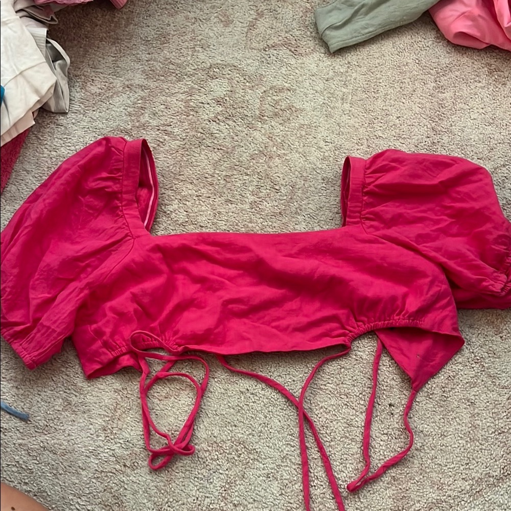 Hot Pink Boutique Puff Sleeve Crop Top Tie Back